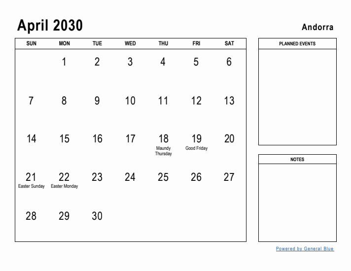 April 2030 Printable Monthly Calendar with Andorra Holidays