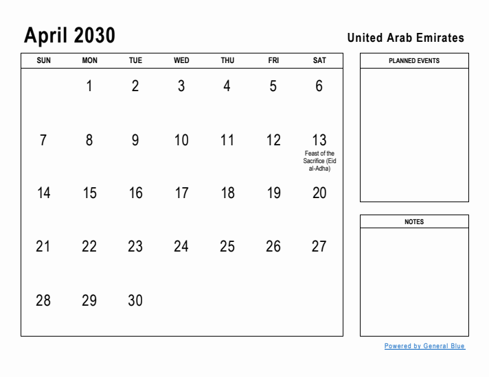 April 2030 Printable Monthly Calendar with United Arab Emirates Holidays