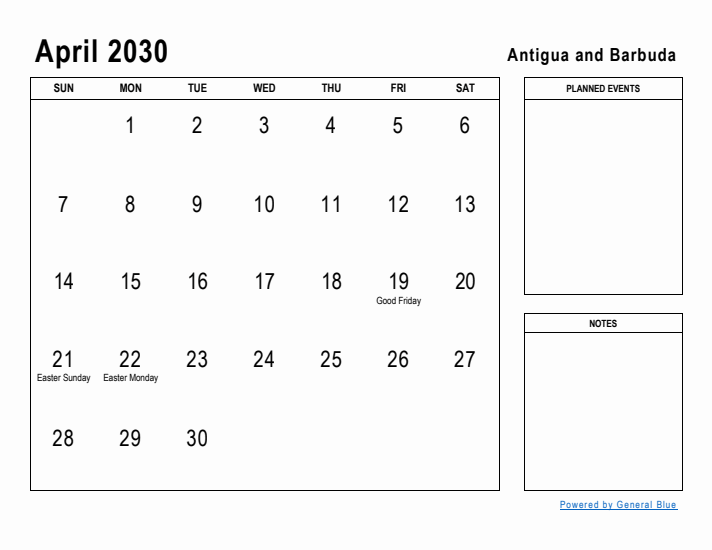 April 2030 Printable Monthly Calendar with Antigua and Barbuda Holidays