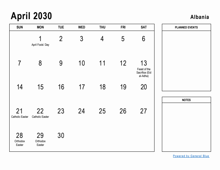 April 2030 Printable Monthly Calendar with Albania Holidays