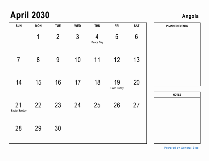 April 2030 Printable Monthly Calendar with Angola Holidays