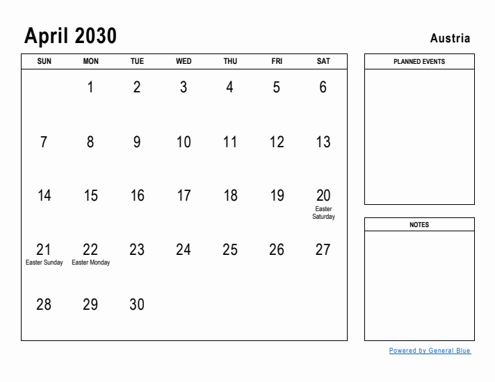 April 2030 Printable Monthly Calendar with Austria Holidays