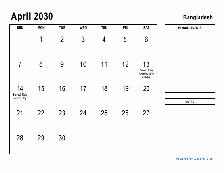 April 2030 Printable Monthly Calendar with Bangladesh Holidays