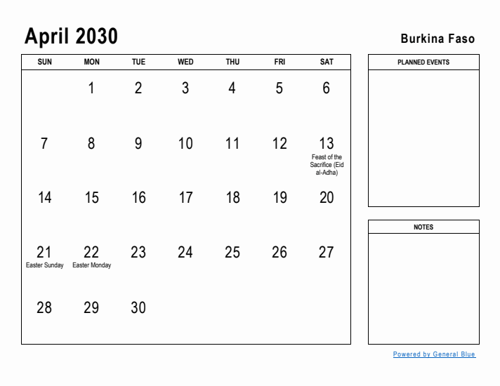 April 2030 Printable Monthly Calendar with Burkina Faso Holidays