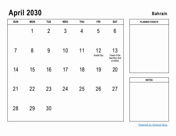 April 2030 Printable Monthly Calendar with Bahrain Holidays