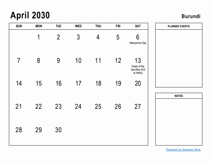 April 2030 Printable Monthly Calendar with Burundi Holidays