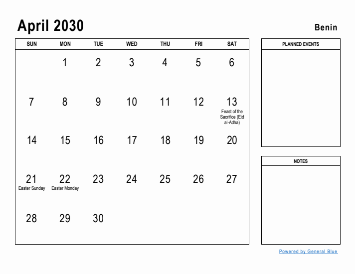 April 2030 Printable Monthly Calendar with Benin Holidays