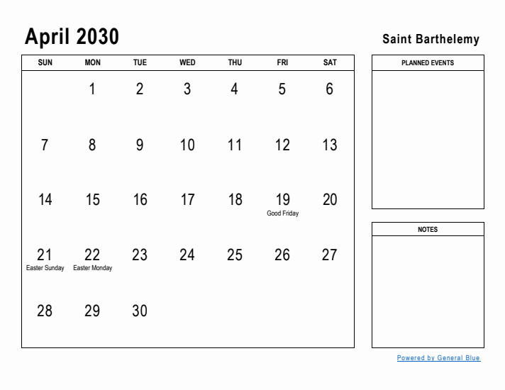 April 2030 Printable Monthly Calendar with Saint Barthelemy Holidays