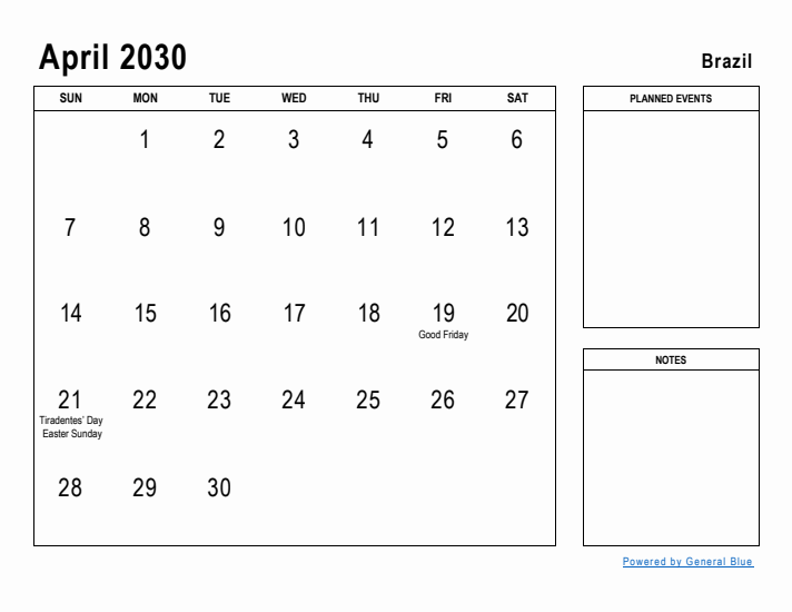 April 2030 Printable Monthly Calendar with Brazil Holidays