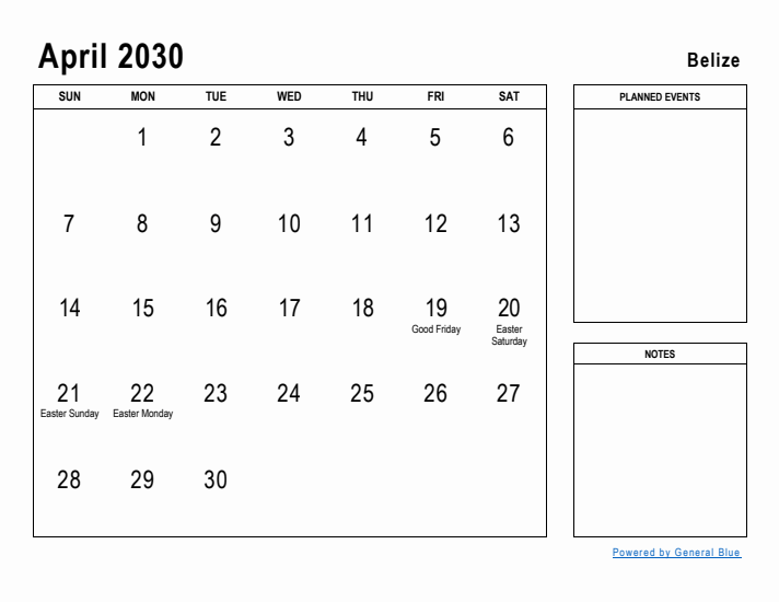 April 2030 Printable Monthly Calendar with Belize Holidays