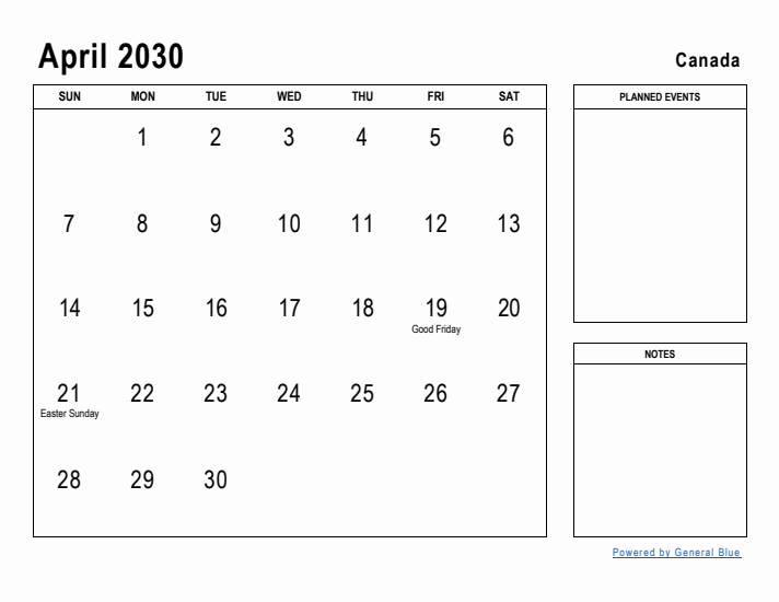 April 2030 Printable Monthly Calendar with Canada Holidays