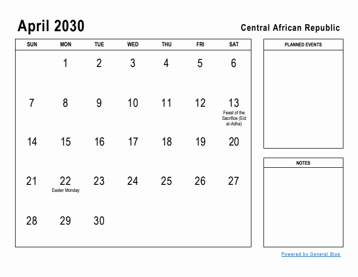 April 2030 Printable Monthly Calendar with Central African Republic Holidays