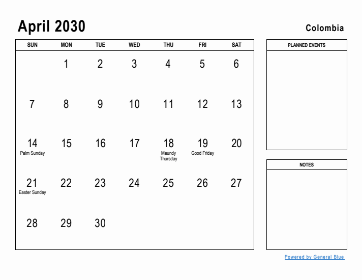 April 2030 Printable Monthly Calendar with Colombia Holidays