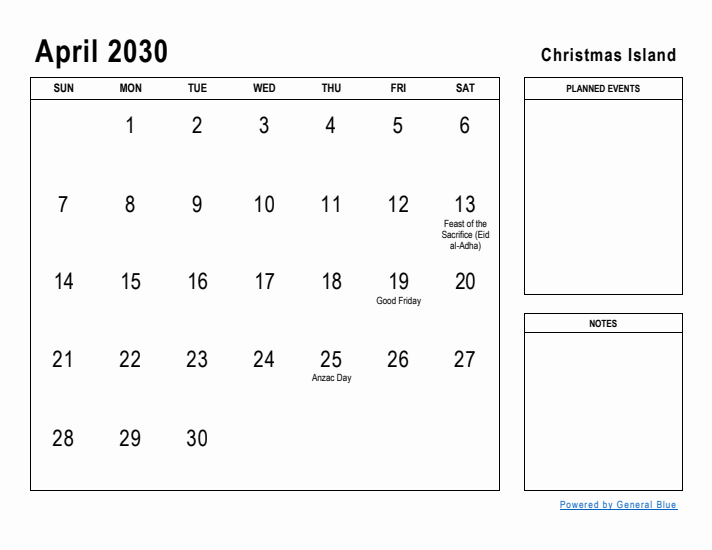 April 2030 Printable Monthly Calendar with Christmas Island Holidays