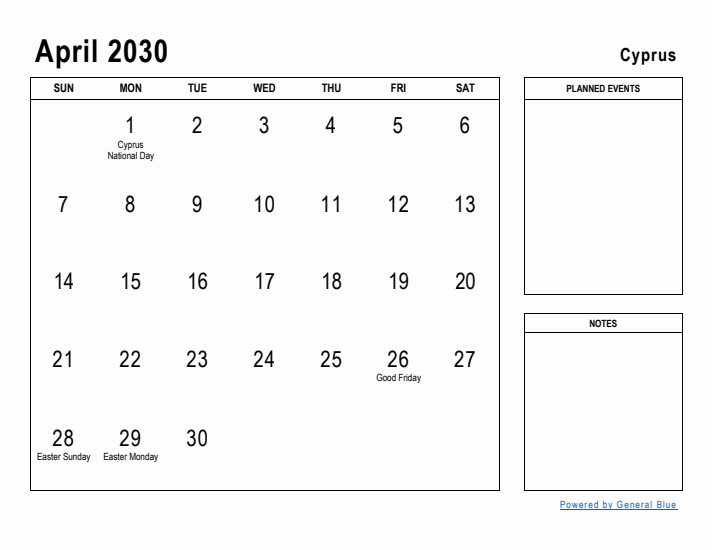 April 2030 Printable Monthly Calendar with Cyprus Holidays