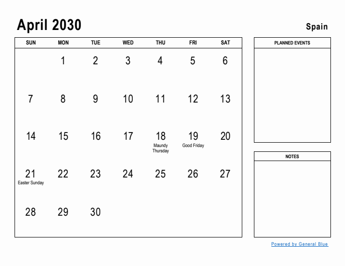 April 2030 Printable Monthly Calendar with Spain Holidays