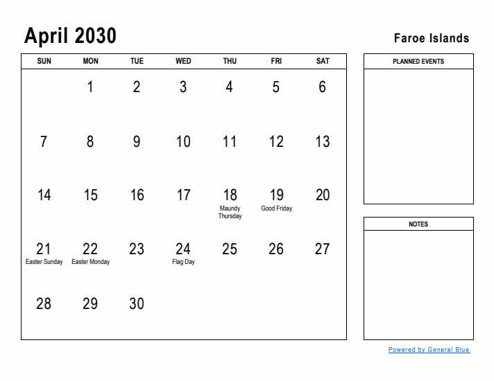 April 2030 Printable Monthly Calendar with Faroe Islands Holidays