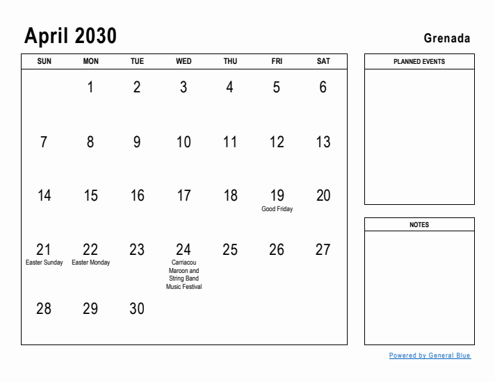 April 2030 Printable Monthly Calendar with Grenada Holidays