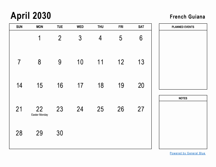 April 2030 Printable Monthly Calendar with French Guiana Holidays