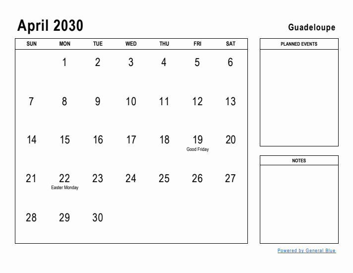 April 2030 Printable Monthly Calendar with Guadeloupe Holidays