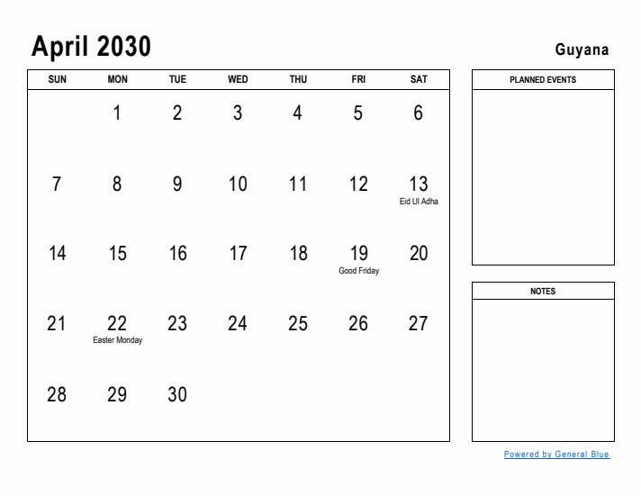 April 2030 Printable Monthly Calendar with Guyana Holidays