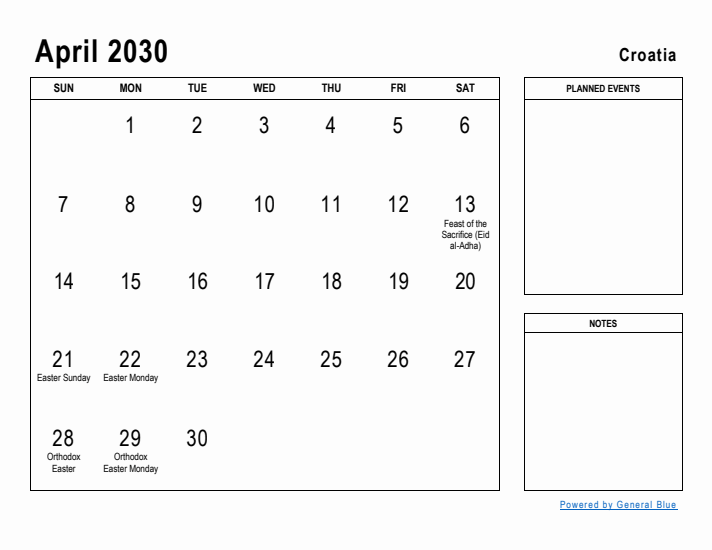 April 2030 Printable Monthly Calendar with Croatia Holidays