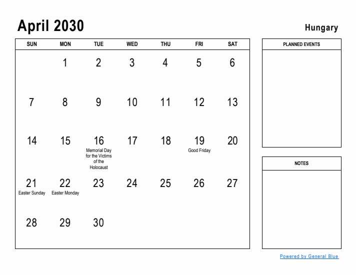 April 2030 Printable Monthly Calendar with Hungary Holidays