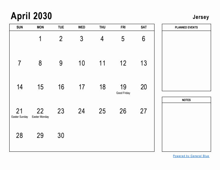 April 2030 Printable Monthly Calendar with Jersey Holidays