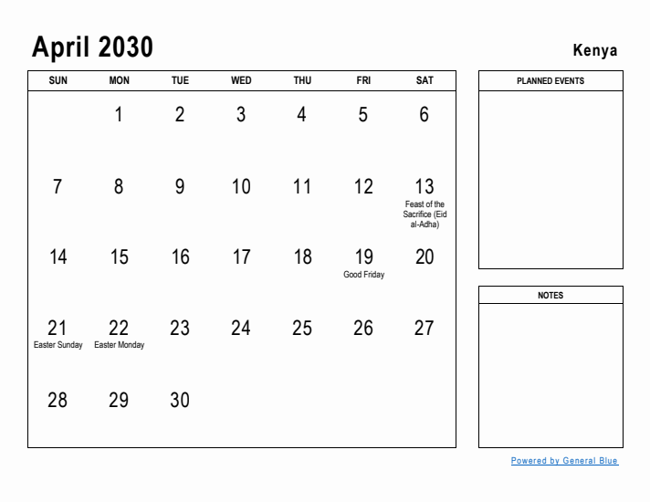 April 2030 Printable Monthly Calendar with Kenya Holidays