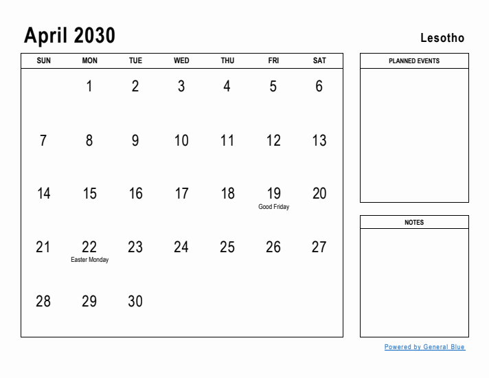 April 2030 Printable Monthly Calendar with Lesotho Holidays