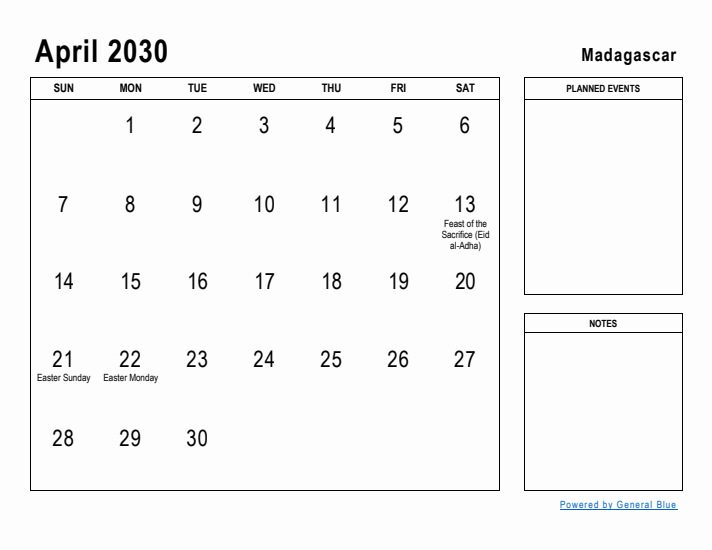 April 2030 Printable Monthly Calendar with Madagascar Holidays