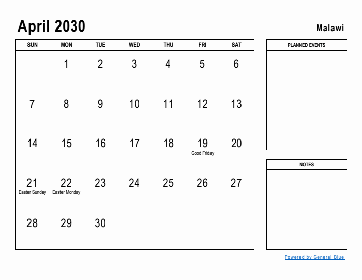 April 2030 Printable Monthly Calendar with Malawi Holidays