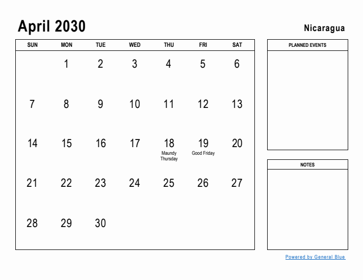 April 2030 Printable Monthly Calendar with Nicaragua Holidays