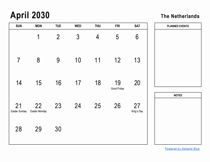 April 2030 Printable Monthly Calendar with The Netherlands Holidays