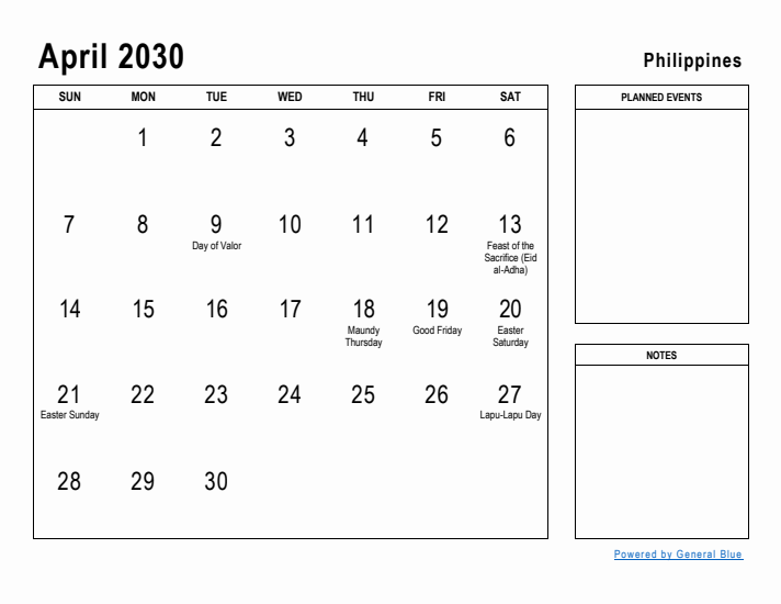 April 2030 Printable Monthly Calendar with Philippines Holidays