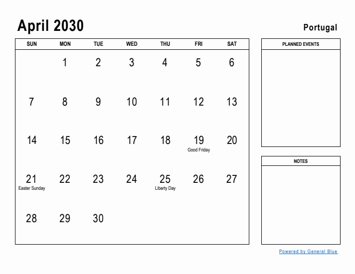 April 2030 Printable Monthly Calendar with Portugal Holidays