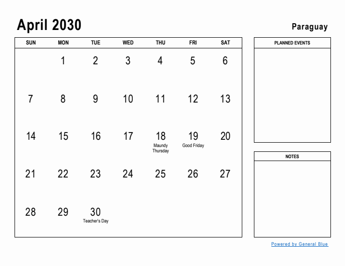 April 2030 Printable Monthly Calendar with Paraguay Holidays