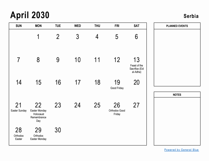 April 2030 Printable Monthly Calendar with Serbia Holidays