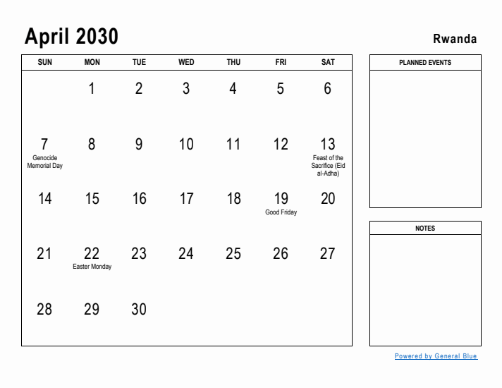 April 2030 Printable Monthly Calendar with Rwanda Holidays