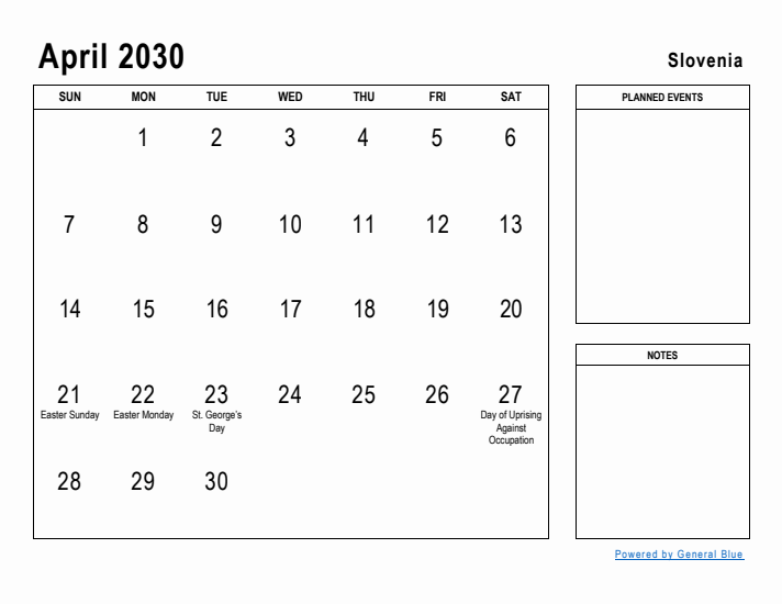 April 2030 Printable Monthly Calendar with Slovenia Holidays