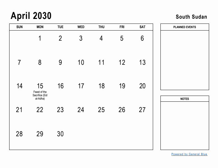 April 2030 Printable Monthly Calendar with South Sudan Holidays