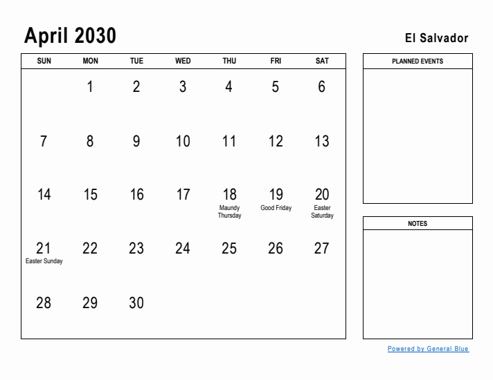 April 2030 Printable Monthly Calendar with El Salvador Holidays