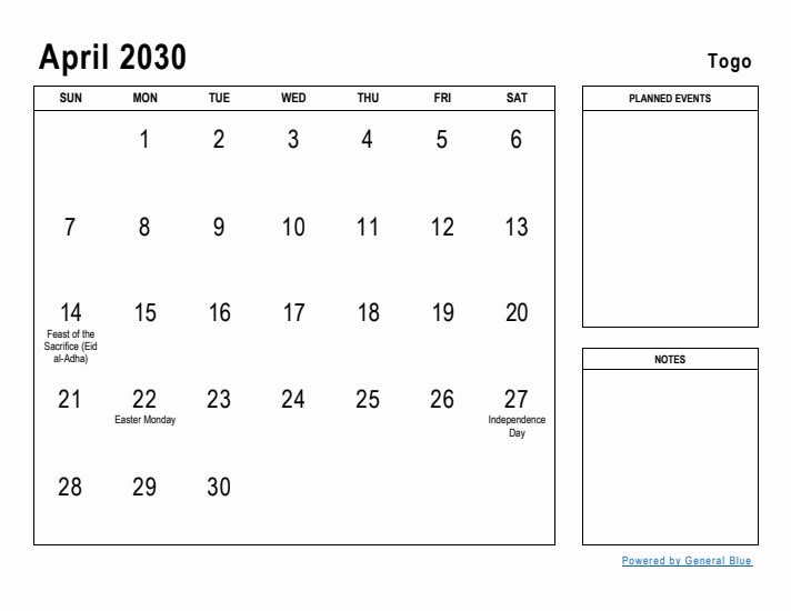 April 2030 Printable Monthly Calendar with Togo Holidays