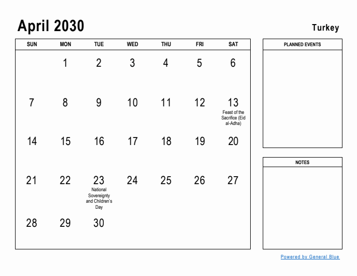 April 2030 Printable Monthly Calendar with Turkey Holidays