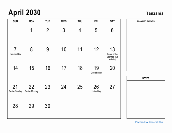 April 2030 Printable Monthly Calendar with Tanzania Holidays