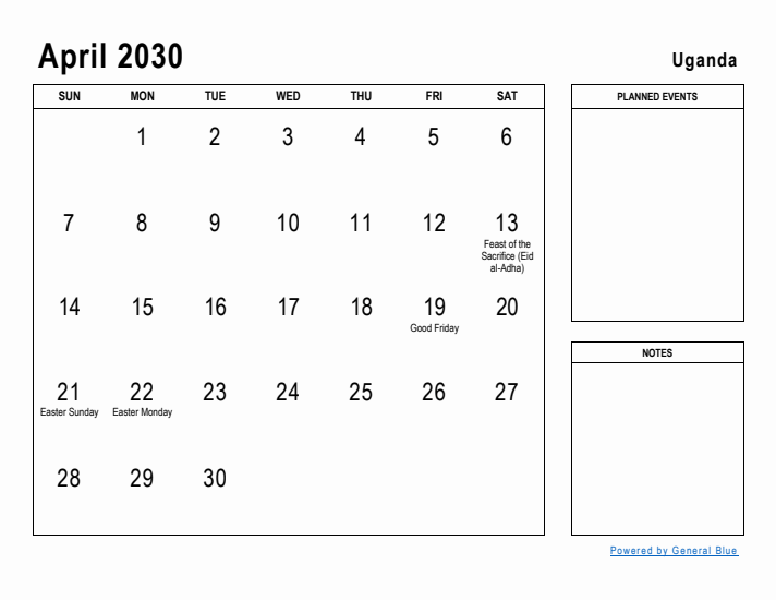 April 2030 Printable Monthly Calendar with Uganda Holidays