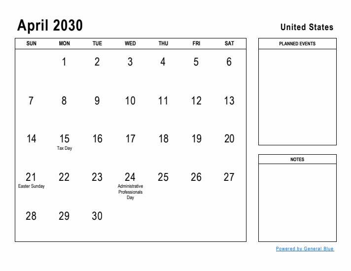 April 2030 Printable Monthly Calendar with United States Holidays