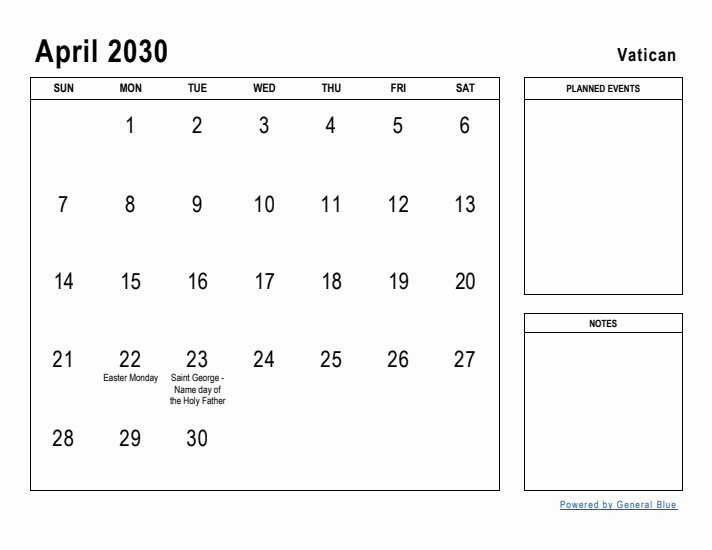 April 2030 Printable Monthly Calendar with Vatican Holidays