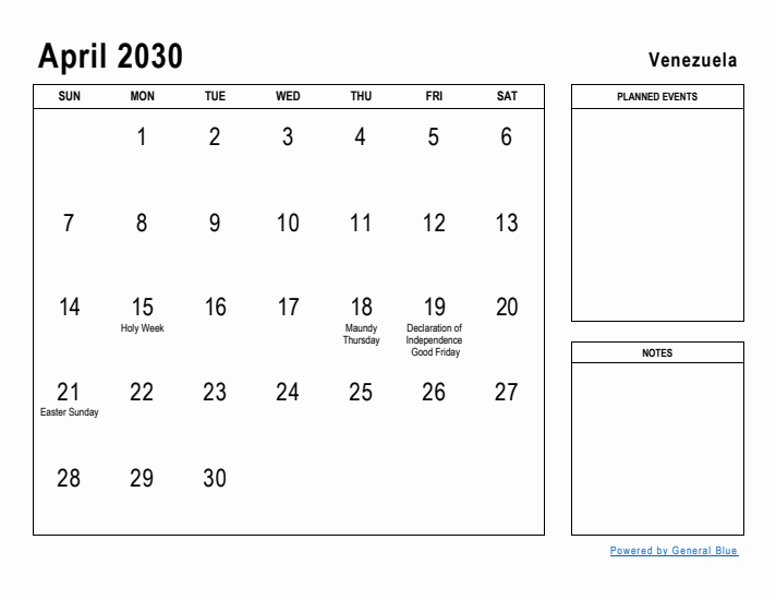 April 2030 Printable Monthly Calendar with Venezuela Holidays