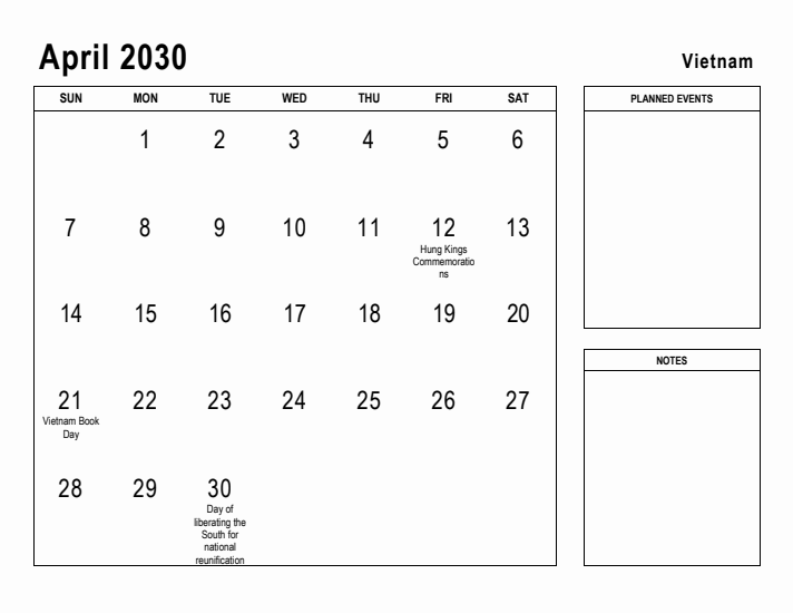 April 2030 Printable Monthly Calendar with Vietnam Holidays